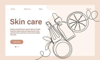 Deri bakımı konsepti. İniş sayfası şablonu. Sabah rutini. Banyo zamanı. Doğal bitkisel cilt bakım ürünleri ve vücut bakımı için organik ürünler, üst görünüm. Vektör illüstrasyonu
