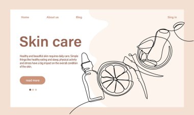 Deri bakımı konsepti. İniş sayfası şablonu. Sabah rutini. Banyo zamanı. Doğal bitkisel cilt bakım ürünleri ve vücut bakımı için organik ürünler, üst görünüm. Vektör illüstrasyonu
