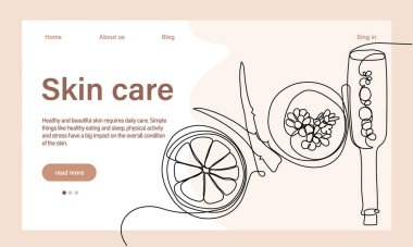 Deri bakımı konsepti. İniş sayfası şablonu. Sabah rutini. Banyo zamanı. Doğal bitkisel cilt bakım ürünleri ve vücut bakımı için organik ürünler, üst görünüm. Vektör illüstrasyonu