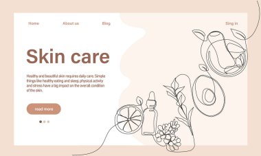 Deri bakımı konsepti. İniş sayfası şablonu. Sabah rutini. Banyo zamanı. Doğal bitkisel cilt bakım ürünleri ve vücut bakımı için organik ürünler, üst görünüm. Vektör illüstrasyonu