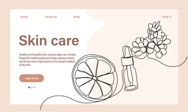 Deri bakımı konsepti. İniş sayfası şablonu. Sabah rutini. Banyo zamanı. Doğal bitkisel cilt bakım ürünleri ve vücut bakımı için organik ürünler, üst görünüm. Vektör illüstrasyonu