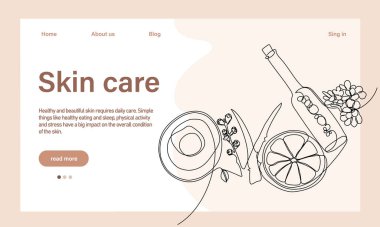Deri bakımı konsepti. İniş sayfası şablonu. Sabah rutini. Banyo zamanı. Doğal bitkisel cilt bakım ürünleri ve vücut bakımı için organik ürünler, üst görünüm. Vektör illüstrasyonu