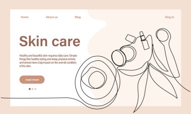 Deri bakımı konsepti. İniş sayfası şablonu. Sabah rutini. Banyo zamanı. Doğal bitkisel cilt bakım ürünleri ve vücut bakımı için organik ürünler, üst görünüm. Vektör illüstrasyonu