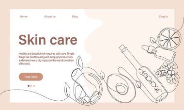 Deri bakımı konsepti. İniş sayfası şablonu. Sabah rutini. Banyo zamanı. Doğal bitkisel cilt bakım ürünleri ve vücut bakımı için organik ürünler, üst görünüm. Vektör illüstrasyonu