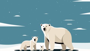 The white bear and her cub bear walks through the snow. Mother and child. The glacier, snow-covered plains. Starry night in the North. Landscapes of the Arctic. Vector illustration