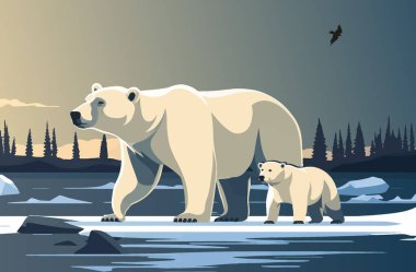 The white bear and her cub bear walks through the snow. Mother and child. The glacier, snow-covered plains. Starry night in the North. Landscapes of the Arctic. Vector illustration