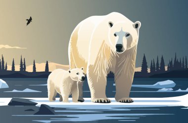 The white bear and her cub bear walks through the snow. Mother and child. The glacier, snow-covered plains. Starry night in the North. Landscapes of the Arctic. Vector illustration