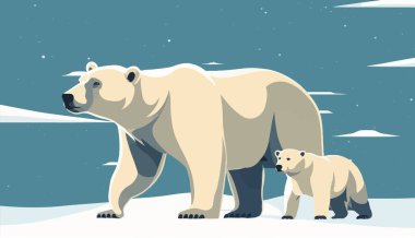 The white bear and her cub bear walks through the snow. Mother and child. The glacier, snow-covered plains. Starry night in the North. Landscapes of the Arctic. Vector illustration