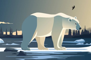 The white bear and her cub bear walks through the snow. Mother and child. The glacier, snow-covered plains. Starry night in the North. Landscapes of the Arctic. Vector illustration