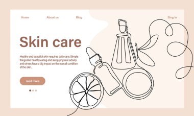 Deri bakımı konsepti. İniş sayfası şablonu. Sabah rutini. Banyo zamanı. Doğal bitkisel cilt bakım ürünleri ve vücut bakımı için organik ürünler, üst görünüm. Vektör illüstrasyonu