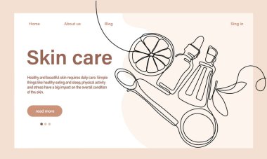 Deri bakımı konsepti. İniş sayfası şablonu. Sabah rutini. Banyo zamanı. Doğal bitkisel cilt bakım ürünleri ve vücut bakımı için organik ürünler, üst görünüm. Vektör illüstrasyonu