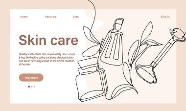 Deri bakımı konsepti. İniş sayfası şablonu. Sabah rutini. Banyo zamanı. Doğal bitkisel cilt bakım ürünleri ve vücut bakımı için organik ürünler, üst görünüm. Vektör illüstrasyonu