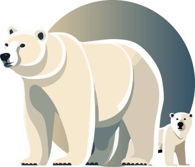 The white bear and her cub bear walks through the snow. Mother and child. The glacier, snow-covered plains. Starry night in the North. Landscapes of the Arctic. Vector illustration