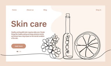 Deri bakımı konsepti. İniş sayfası şablonu. Sabah rutini. Banyo zamanı. Doğal bitkisel cilt bakım ürünleri ve vücut bakımı için organik ürünler, üst görünüm. Vektör illüstrasyonu