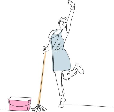 Continuous one line drawing of Housewife with rubber gloves on hands sitting in living room and dusting shelf. Easy to place your text and brand logo. Vector illustration