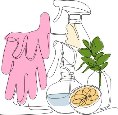 Sıvı çamaşır deterjanı, çamaşır suyu, yumuşatıcı, bulaşık deterjanı ya da başka bir temizlik maddesi için sürekli bir sıra şişe çizimi. Metin ve marka logonuzu yerleştirmek kolay. Vektör illüstrasyonu