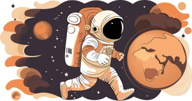 Astronot uzayın çöl gezegeni olduğunu keşfeder. Astronot uzay giysisi yıldızlara ve gezegenlere karşı ekstra kozmik aktivite alanı sağlıyor. İnsan uzay uçuşu. Modern vektör illüstrasyonu