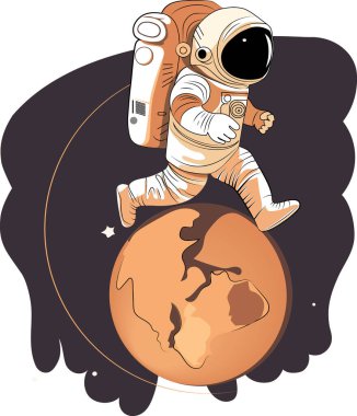 Astronot uzayın çöl gezegeni olduğunu keşfeder. Astronot uzay giysisi yıldızlara ve gezegenlere karşı ekstra kozmik aktivite alanı sağlıyor. İnsan uzay uçuşu. Modern vektör illüstrasyonu