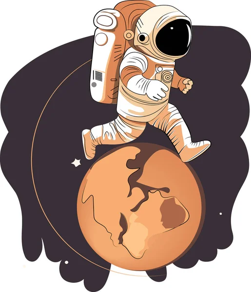 宇宙飛行士は砂漠の惑星である宇宙を探検する 宇宙飛行士の宇宙服は 星や惑星の背景に対して余分な宇宙活動空間を実行します 有人宇宙飛行 現代のベクターイラスト — ストックベクタ