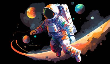 Astronaut explores space being desert planet. Astronaut space suit performing extra cosmic activity space against stars and planets background. Human space flight. Modern vector illustration clipart