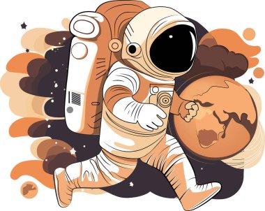 Astronot uzayın çöl gezegeni olduğunu keşfeder. Astronot uzay giysisi yıldızlara ve gezegenlere karşı ekstra kozmik aktivite alanı sağlıyor. İnsan uzay uçuşu. Modern vektör illüstrasyonu