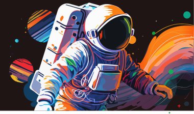 Astronot uzayın çöl gezegeni olduğunu keşfeder. Astronot uzay giysisi yıldızlara ve gezegenlere karşı ekstra kozmik aktivite alanı sağlıyor. İnsan uzay uçuşu. Modern vektör illüstrasyonu
