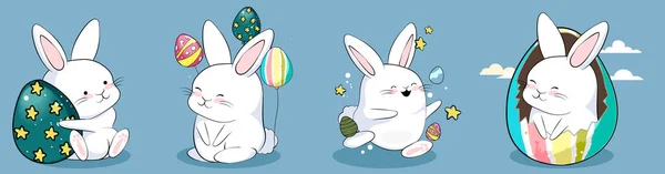 Glad Påsk Dekorerat Påskkort Banderoll Kaniner Påskägg Blommor Och Korg — Stock vektor