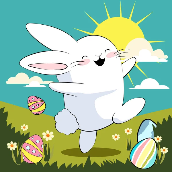 Buona Pasqua Carta Pasquale Decorata Striscione Coniglietti Uova Pasqua Fiori — Vettoriale Stock