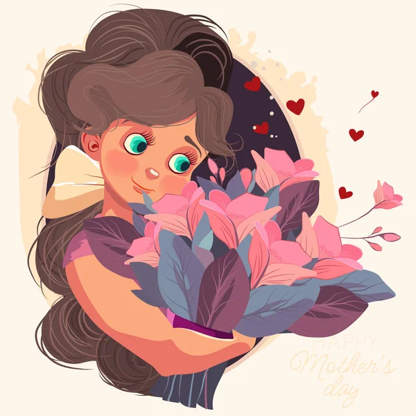 Feliz Dia Das Mães Ilustração Com Mulher Segurando Flores Obrigado — Vetor de Stock