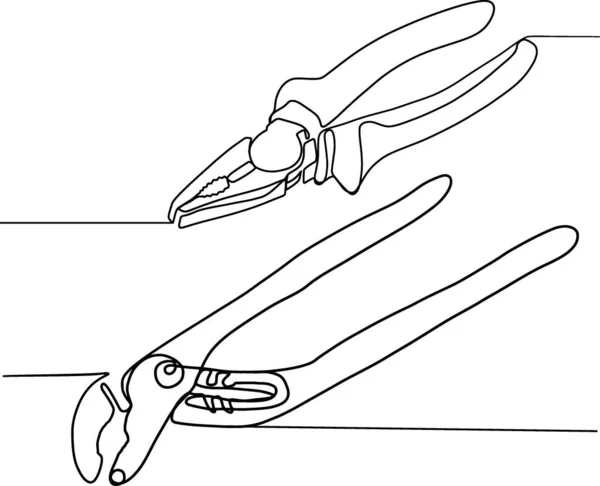 職人のためのプライヤー 黒と白の背景のツール プライヤー 関節工具 異なる種類の材料のためのハンドツール １本の線画 摩擦工具でクランプとグリップ — ストックベクタ