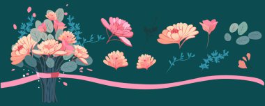 Çiçekli el çizimi ustası. Tasarımın için çiçek unsurları. Çerçeveler, bölücüler. Vektör çizimi. Vektör illüstrasyonu