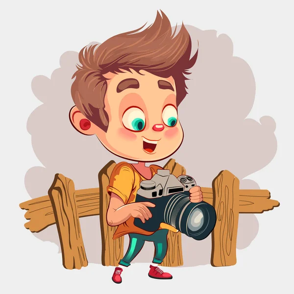 Dijital Kamera Kullanarak Fotoğraf Çeken Bir Çocuğun Vektör Illüstrasyonu Vektör — Stok Vektör