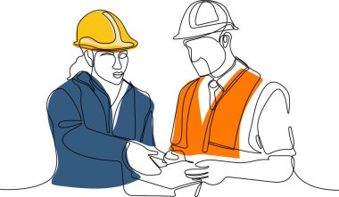 İnşaat müdürü ve mühendisi inşaat alanında çalışıyor. Vektör illüstrasyonu