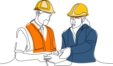 İnşaat müdürü ve mühendisi inşaat alanında çalışıyor. Vektör illüstrasyonu