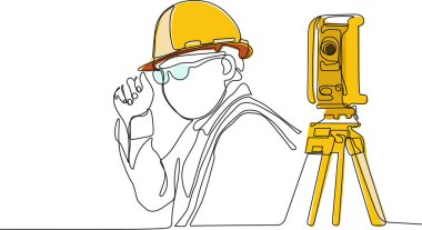 Kafasında miğfer olan Kafkas işçisinin depoda dururken iş için tablet kullanmasını kapatın. Tripod ikonu olan bir araştırmacı. Jeodezik üçayak. Vektör illüstrasyonu
