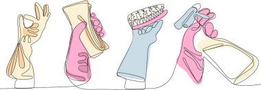 Ev temizlik servisi iniş sayfası tasarımı konsepti, temizlikçilerin temizlik aletleriyle çizimi. Vektör illüstrasyonu