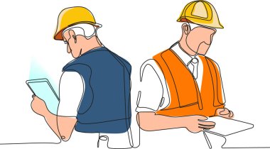 İnşaat müdürü ve mühendisi inşaat alanında çalışıyor. Vektör illüstrasyonu