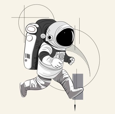 Astronot uzayın çöl gezegeni olduğunu keşfeder. Astronot uzay giysisi yıldızlara ve gezegenlere karşı ekstra kozmik aktivite alanı sağlıyor. İnsan uzay uçuşu. Modern vektör illüstrasyonu