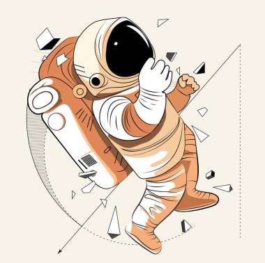 Astronot uzayın çöl gezegeni olduğunu keşfeder. Astronot uzay giysisi yıldızlara ve gezegenlere karşı ekstra kozmik aktivite alanı sağlıyor. İnsan uzay uçuşu. Modern vektör illüstrasyonu