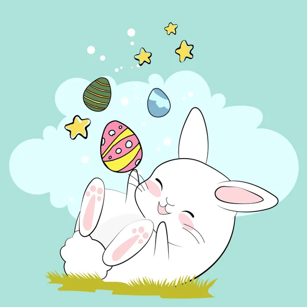 Счастливой Пасхи Украшенная Пасхальная Открытка Баннер Кролики Пасхальные Яйца Цветы — стоковый вектор