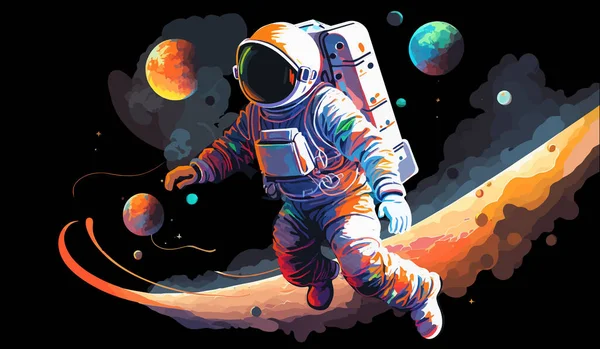 Astronaute Explore Espace Étant Planète Déserte Combinaison Spatiale Astronaute Effectuant — Image vectorielle