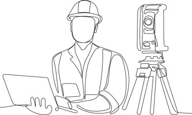 Kafasında miğfer olan Kafkas işçisinin depoda dururken iş için tablet kullanmasını kapatın. Tripod ikonu olan bir araştırmacı. Jeodezik üçayak. Vektör illüstrasyonu
