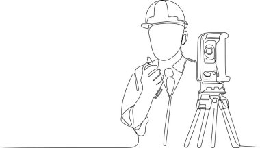 Kafasında miğfer olan Kafkas işçisinin depoda dururken iş için tablet kullanmasını kapatın. Tripod ikonu olan bir araştırmacı. Jeodezik üçayak. Vektör illüstrasyonu