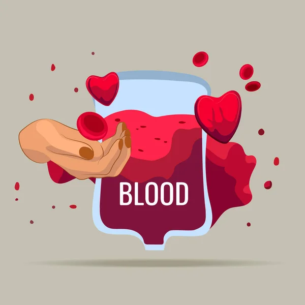 Концепція Денного Пожертвування Мішком Крові Руки Серця Медичного Знаку Дай — стоковий вектор