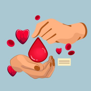 Kan, el ve kalp işaretli günlük bağış konsepti. Kan ver hayat kurtar. Dünya kan bağışı günü. Vektör illüstrasyonu