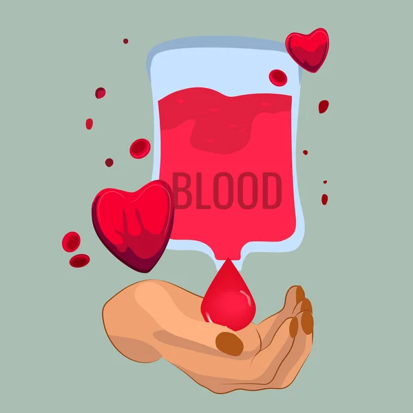 Concepto Donación Día Con Bolsa Sangre Mano Signo Médico Del — Vector de stock