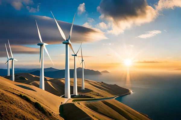 Panoramisch Uitzicht Windpark Windpark Met Hoge Windturbines Voor Opwekking Van — Stockfoto