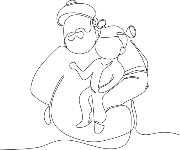 一个有孩子的父亲的拥抱 一个连续的线条画横幅 海报与家人拥抱 父亲节快乐 孩子和父亲的简单图解 矢量说明 — 图库矢量图片