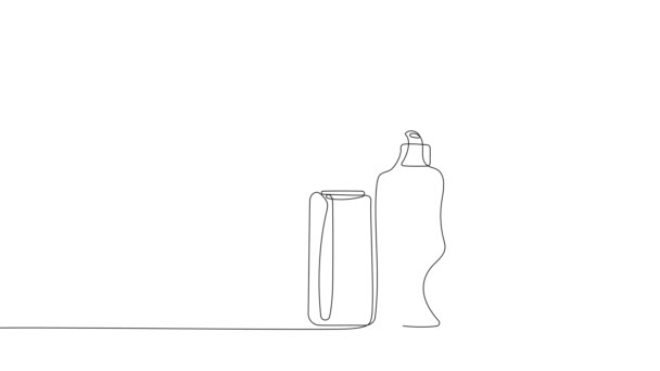 Animierte Zeichnung Der Kontinuierlichen Linienziehung Von Flaschen Verschiedener Reinigungsmittel Sorgt — Stockvideo