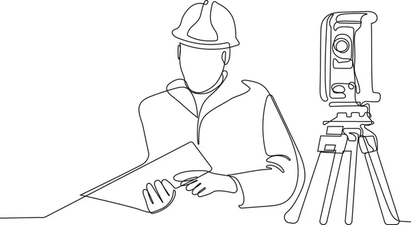 Κοντινό Πλάνο Του Καυκάσιου Εργάτη Κράνος Στο Κεφάλι Χρησιμοποιώντας Tablet — Διανυσματικό Αρχείο